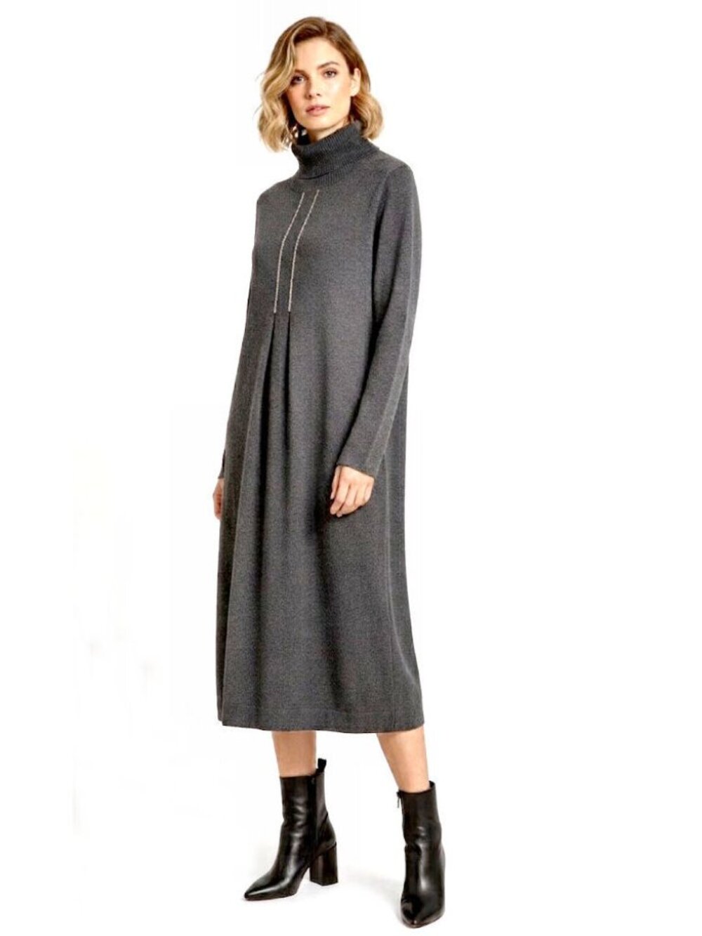 Fabiana Filippi Charcoal Cashmere & Silk Turtleneck Midi Dress Size XL, IT 48